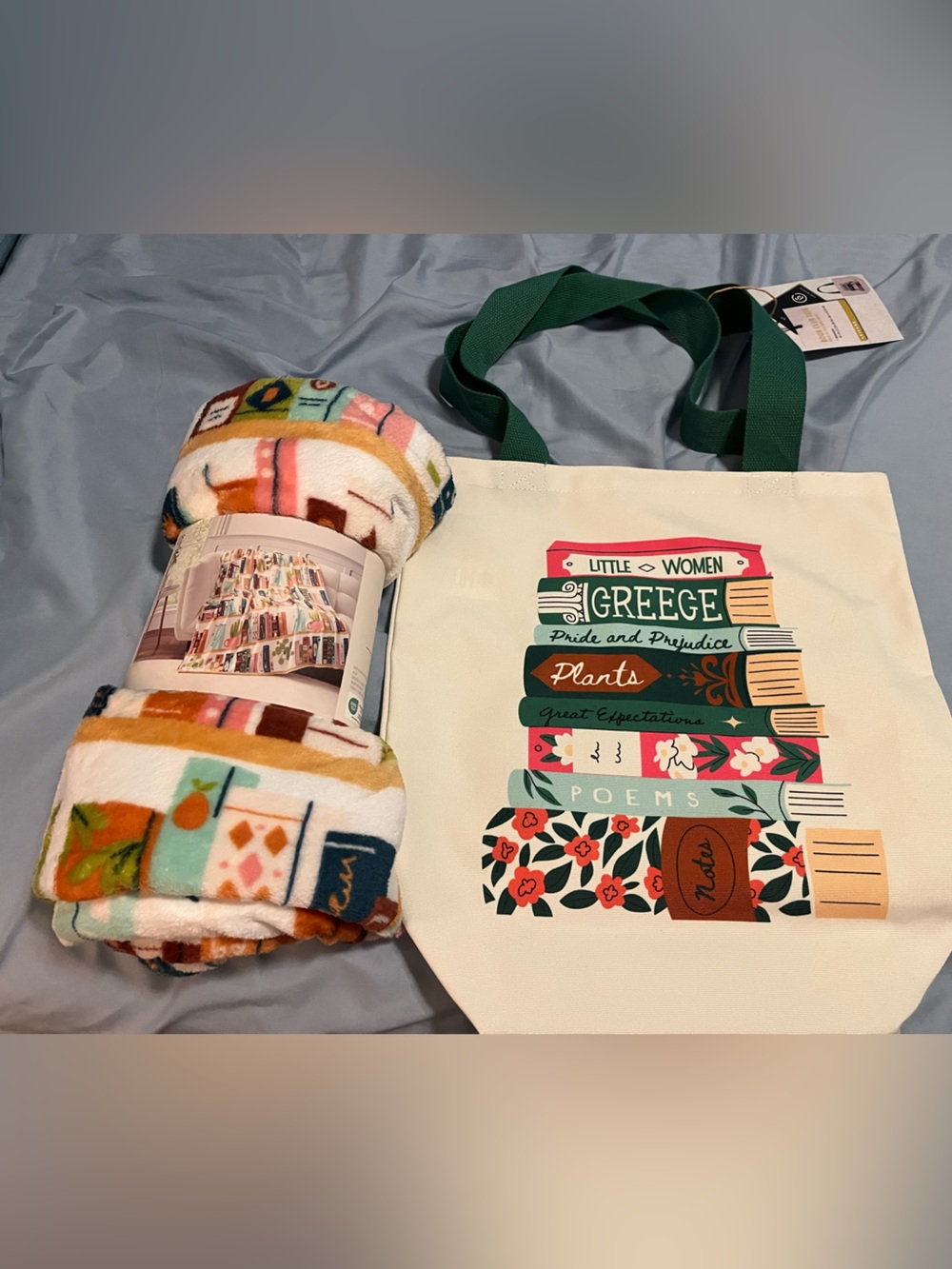 Cozy Multi-Color Bookstack Throw Blanket and Tote Set